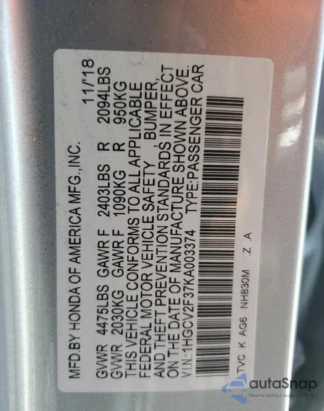 2019 Honda Accord Sport z USA, uszkodzony, nr VIN 1HGCV2F37KA003374